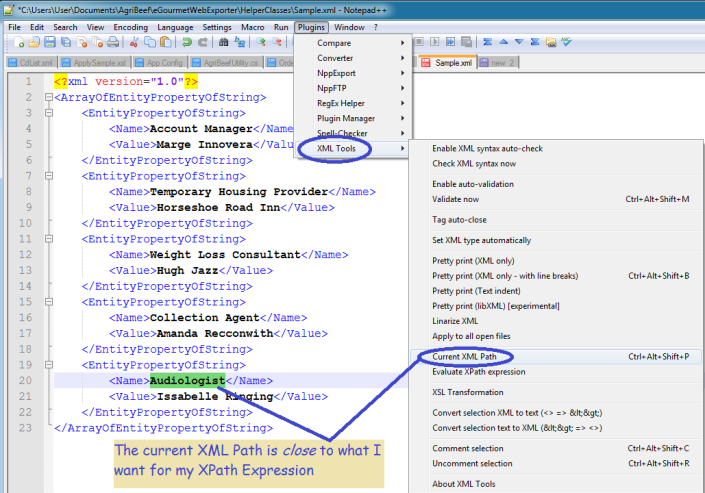 Screen Shot Showing Notepad++ Plugin for XML