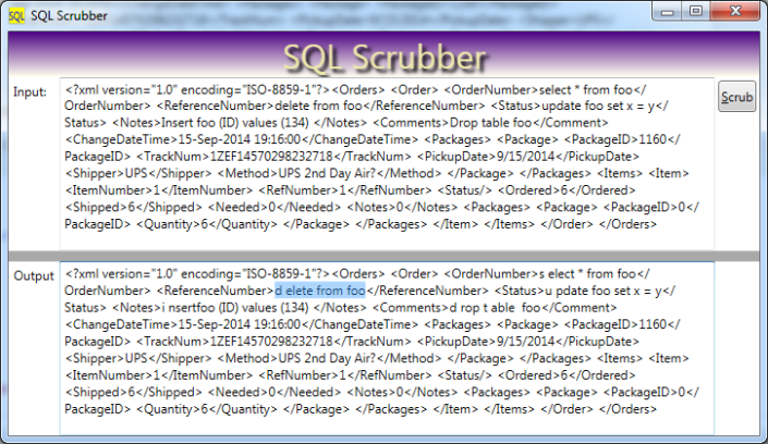 Screen shot showing SQL scrubbing