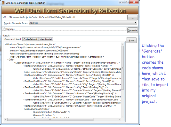 Screen shot showing generated code