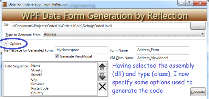 Screen shot showing code generation options