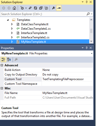 Select your new T4 file and change its custom tool to 'TextTemplatingFilePreprocessor'