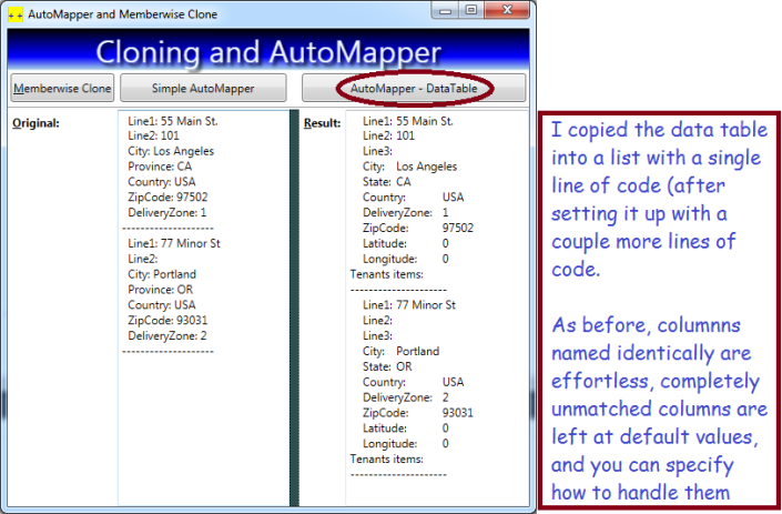 Before and after shot of a data table being copied to a list of Address objects.