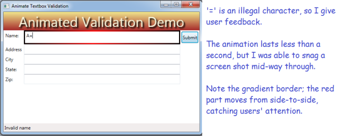 Screen shot shows invalid data entry triggering a border animation. The border is red with a moving color gradient.
