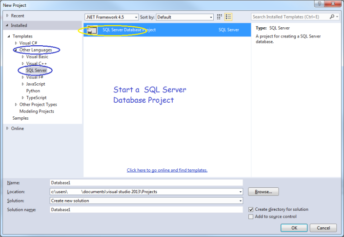 Start a SQL Server Database Project. Screen shot is from Visual Studio 2013